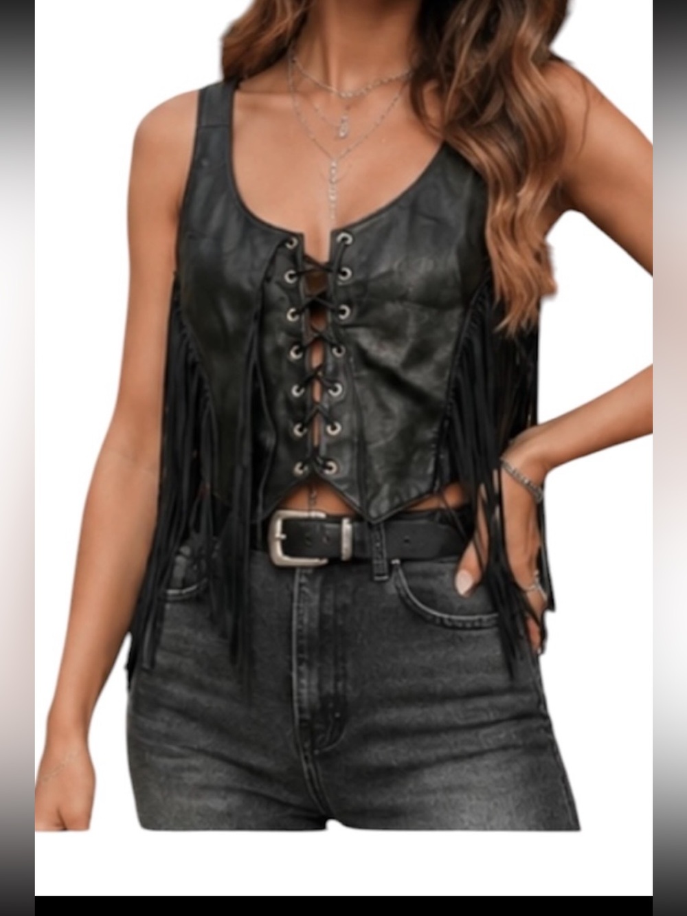 Black Fringe Lace-Up Leather Vest Boho Western Biker Festival Sz XL